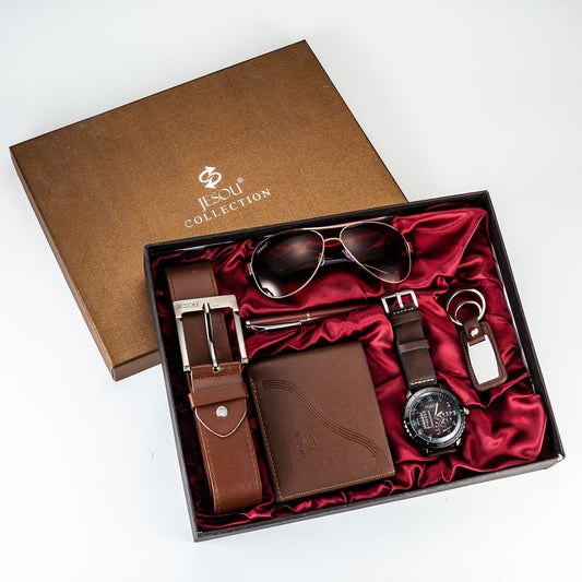 Men's Set The Perfect Father's Day Gift - 6-in-1 Watch, Glasses, Pen, Keychain, Belt, and Purse for a Memorable Holiday or Birthday Celebration