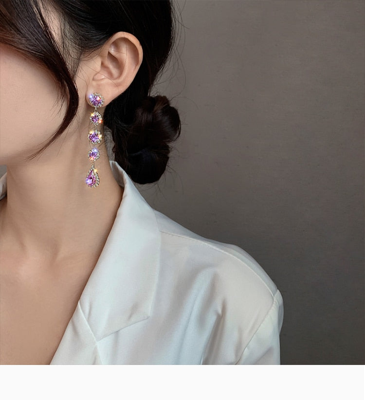 Purple Gemstone Long Pearl Tassel Drop Earrings