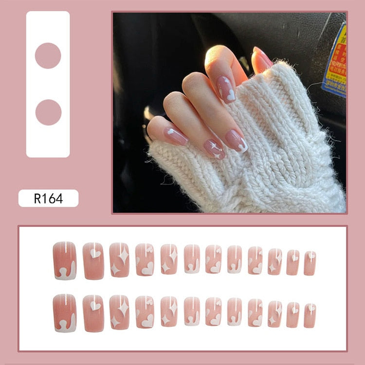 Short False Press on Nail Tip with Glue Designs Detachable Reusable Fake Nails 24Pcs/Set  with Nail Art DIY Tips