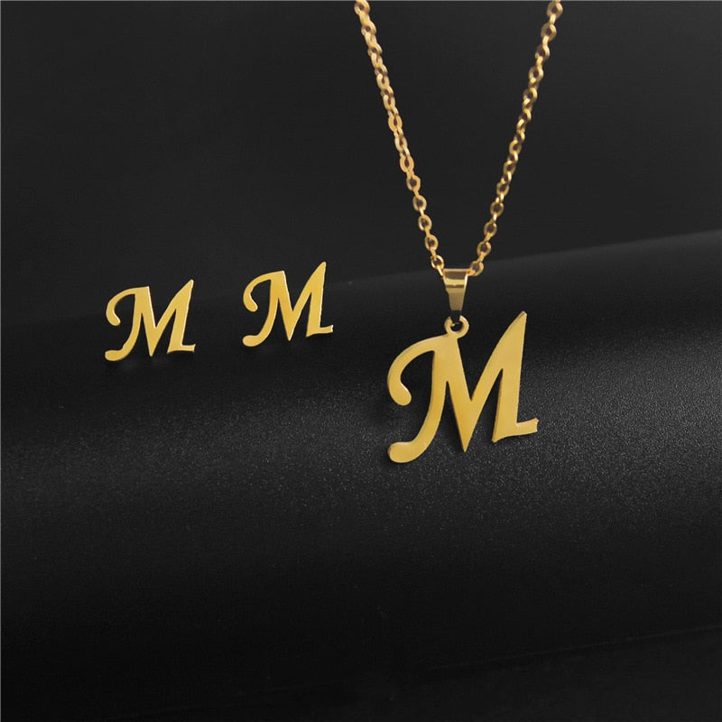 Alphabet Pendant Chain Charm Necklaces And Letter Earrings Gift Sets