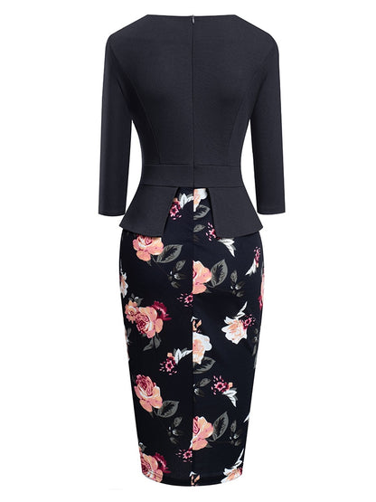 Floral Patchwork Zip Back Bodycon Summer Office Dress