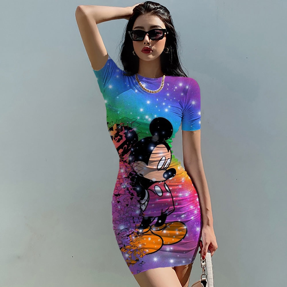 Disney Minnie Mickey Mouse bow print Elegant Pencil Dress Womens Simple Sheath Office Dresses Summer Short sleeve Casual Vestido