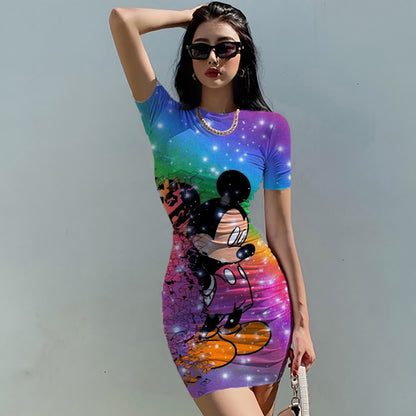 Disney Minnie Mickey Mouse bow print Elegant Pencil Dress Womens Simple Sheath Office Dresses Summer Short sleeve Casual Vestido