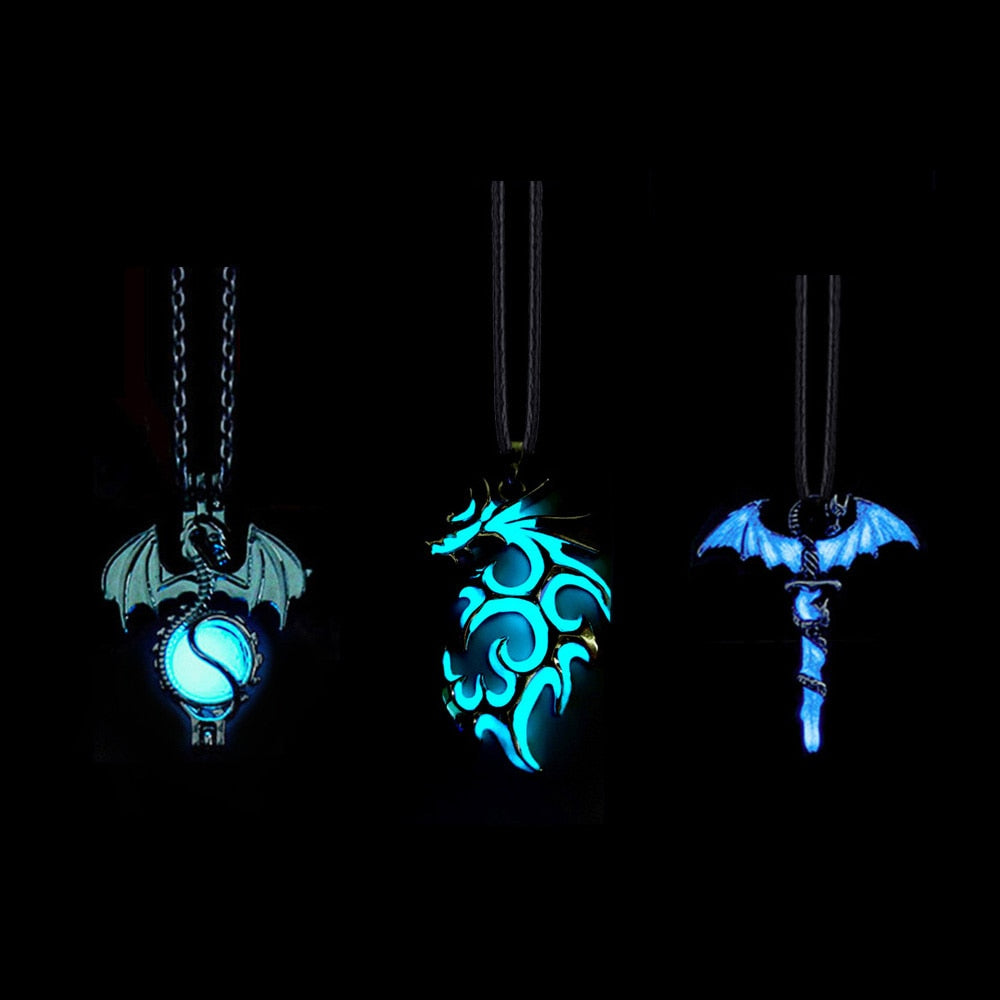 Luminous Dragon Necklace Glowing Night Fluorescence Antique Silver Plated Glow In The Dark Necklace for Men Women Party Hallowen